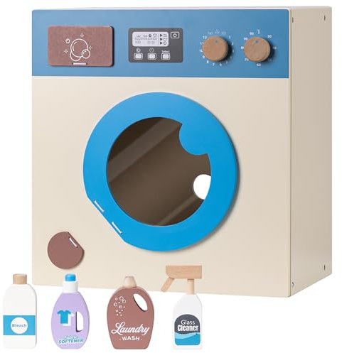 Navaris Mini Lavatrice Giocattolo per Bambini - Set Lavanderia Bambina Bambino - con 4 Prodotti Pulizia - Gioco Legno Vintage Simulazione Bucato - Giochi Montessori Bimbo Bimba