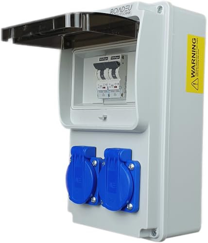 RoadEu - Stromverteiler 230V - 2x Schuko Steckdose mit Schalter - Steckdosenverteiler mit 2x Leistungsschalter C 16A - Verdrahtet, Baustromverteiler Indoor/Outdoor-Bereich IP44
