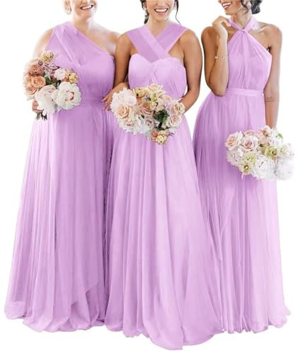 KURFACE Vestido de dama de honor convertible para jóvenes, de tul, múltiples formas, formal, vestido largo de noche, WSX432, Lila, 44