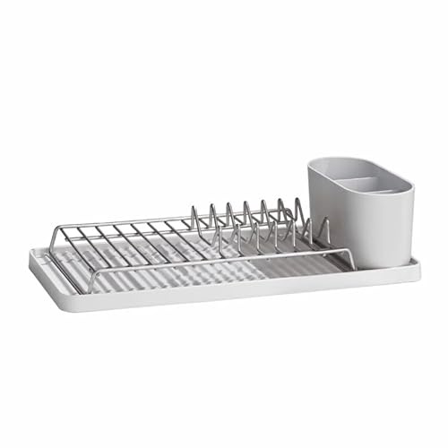 ReBorn Recycled Dish Rack 6 Plates Kitchen Drainer Made in UK - Stone | Holds 6 plates, removable cutlery basket, stainless steel, space saving, sinkside drying, recycled plastic frame
