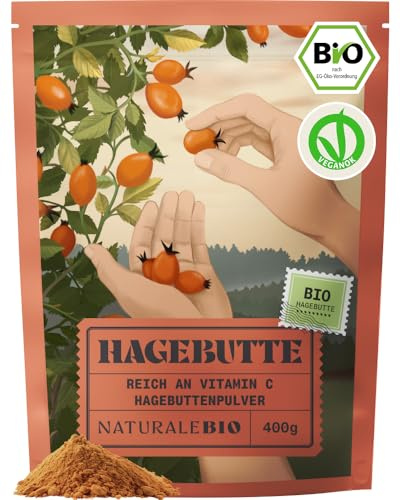 NaturaleBio Bio Rohes Hagebuttenpulver, Reich an Vitamin C | 400 g. Ganz gemahlenes Hagebuttenpulver für Tee, Smoothies und Frühstücksbowls.