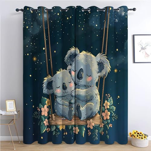 Kinderzimmer-Vorhänge, 2 Paneele, 91,4 x 213,4 cm, Cartoon-Koala-Stern, 3D-Isolierung, Verdunkelungsvorhänge für Jungen und Mädchen, blaues Thema, Polyester-Mikrofaser, Ösen, Fenstervorhänge