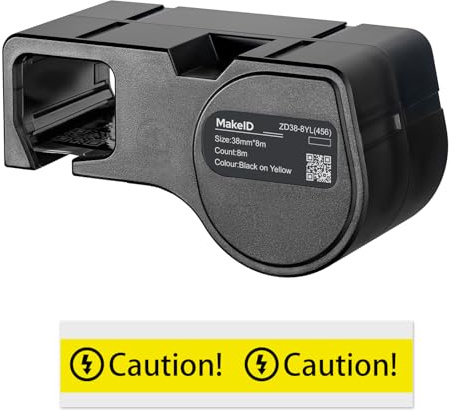MakeID Etichette PET per Stampante di Etichette Industriale D50 – Nero su Giallo, 38 mm x 8 m, uso interno/esterno, sicurezza, tracciabilità beni, etichettatura elettrica