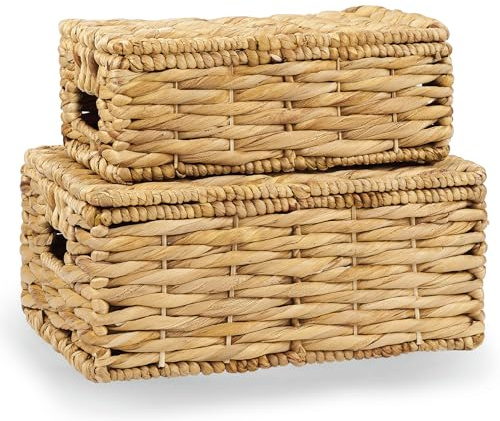 Set of 2 Wicker Baskets with Lid - Decorative Storage Boxes for Home Decor, Shelves - Woven Basket with Lid - Wicker Decor - Rattan Box - Decorative Bins with Lids (Natural)