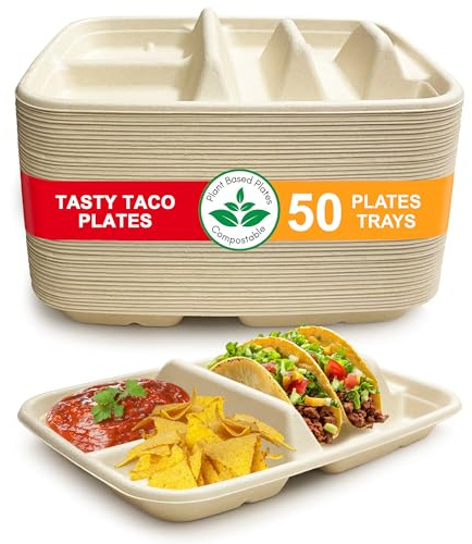 Disposable Taco Plates for 2 Tacos & 2 Sides – 50 PACK | Premium Paper Plates with Dividers, Fiesta Taco Holder, Taco Stand for Taco Tuesday & Taco Bar Serving Set (50 Plates) (Beige, 50 plates)