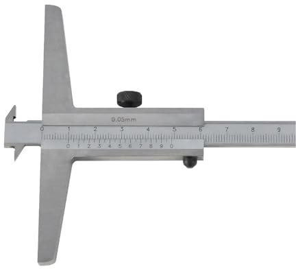 ASIMETO Tiefenmessschieber 150 mm mit Doppelhaken, beidseitige Skala | Gehärteter Edelstahl, feingeschliffene Messflächen, Schiene umsteckbar, Nonius-Ablesung 0,05 mm, inkl. Etui