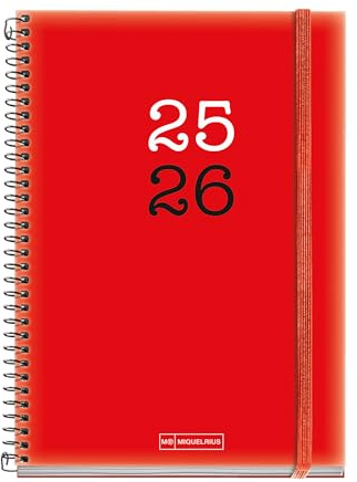 Miquelrius - Skolkalender 2025 2026, 12 månaders planerare: september till augusti, storlek 150 x 213 mm, veckovisning, ogenomskinligt polypropylenskydd, gummistängning, spanska-engelska