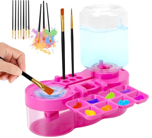 Foyucool Limpiador de Pinceles, con 10 Pinceles, Limpiador de Brochas de Maquillaje, Diseño del Ciclo del Agua, con Portapinceles y Paleta, para Acrílico, Acuarela y Base de Agua, Rosa