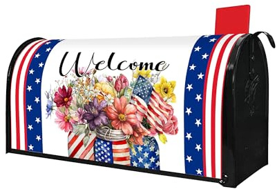 4th of July Patriotic Mailbox Covers Magnetic Standard Size 21 X 18 Waterproof Welcome American Red Blue Floral Mailbox Wraps Post Letter Box Cover for Garden Yard Home Decor Outdoor Decorations