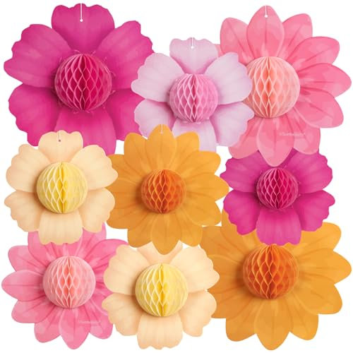 Easy Joy 9 PCS Hot Pink Orange Paper Flowers 10 Inches Large Flowers Honeycomb Balls Spring Summer Hanging Paper Tissue Flower for Birthday Party Wedding Bridal Baby Shower Backdrop Wall Decor