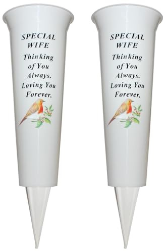 Lot de 2 pots de fleurs commémoratifs pour tombe – 33 cm de haut – Vase blanc robuste pour tombe avec pic et image rouge-gorge (Special Wife)