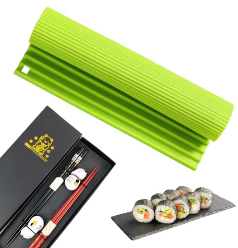 DecorDwell Silikon Sushi Matte,Sushi Rolle Silikon,Sushimaker Set mit 2 Paar Essstäbche,Stäbchenhalter Katze,Wiederverwendbar, DIY für Japanisches Essen, Party, Picknick, Reisen