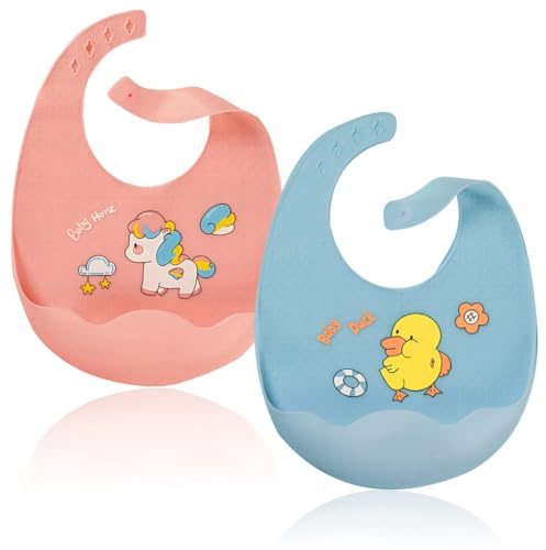 LAJUP Bavaglini Pappa Svezzamento Con Tasca Raccoglipappa, 2Pcs Bavaglino Silicone Impermeabile, Regolabili, Per Bambini E Neonati, Facile Da Pulire