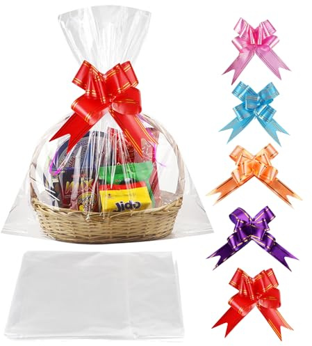 Extra Groß Geschenkfolie Transparent Cellophantüten (75x100 cm), Zellophantüten mit 5 Zugschleifen Geschenke, Große Geschenkfolie Transparent Cellophantüten, Cellophanfolie Geschenktüten für Blumen