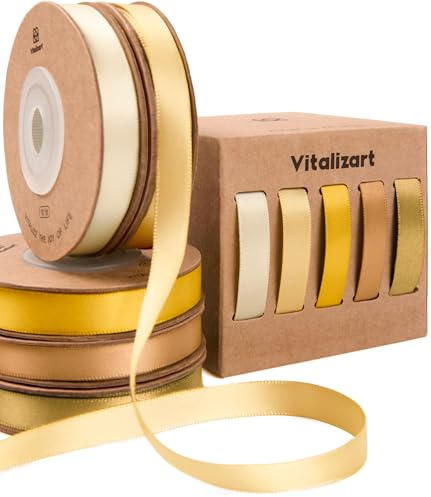 Vitalizart Gold Serie Satinband für Handwerk 0,95 cm x 45,7 m Geschenkband | Doppelseitige Dekoband Stoff für Geschenkverpackungen, Schleifen Machen, Brautstrauß, Dekoration 5 Rollen x 9,14 m