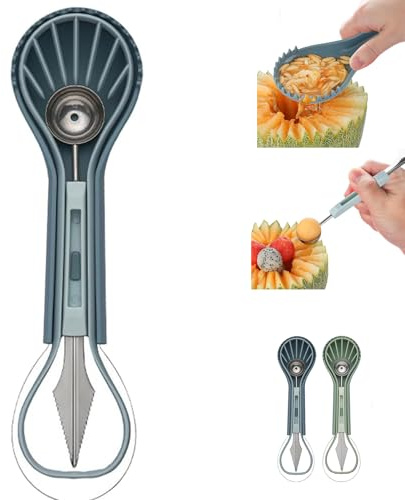 ZHKVAG 2025 New Melon Baller Scoop Set, 3 in 1 Fruit Carving Knife Watermelon Baller Cutter Slicer Tool, Double-Headed Baller Tool Three-Piece Set, for Creative Fruit Platter, Kitchen Gadgets (Blue)