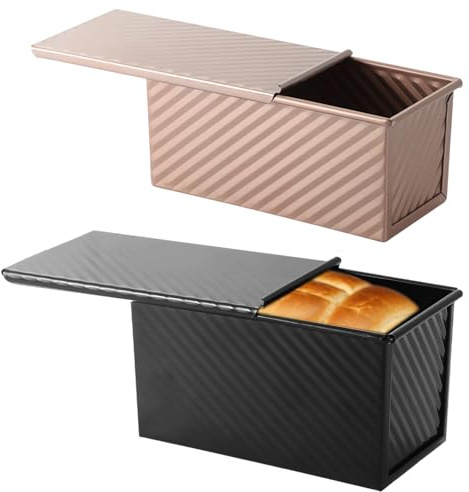 HERKINDNESS Moldes para Pan, 2 Piezas Molde Pan Horno, Acero al Carbono Molde con Tapa para, con Orificios de Ventilación, Negro y Oro Rosa, para Hacer Tostadas y Pasteles