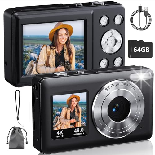 TEKXDD Dual Screen Digital Camera 4K, Compact Digital Camera with 64G SD Card, a 2.4 LCD Rear Screen and a 1.4 Front Screen, 64MP, 18x Zoom, Compact Portable Vlogging for Kids, Teens & Beginners