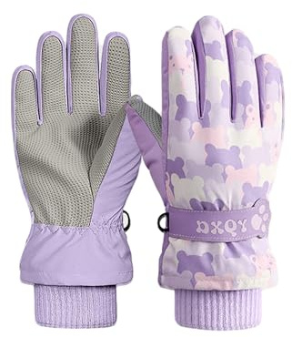 QKURT Children Winter Ski Gloves with Bear Pattern, Kids Anti Slip PU Warm Gloves Sledding Snowboard Glove Skating Cycling Running Mitten Thermal Windproof Mitten Cold Weather Snow Glove Age 2-8