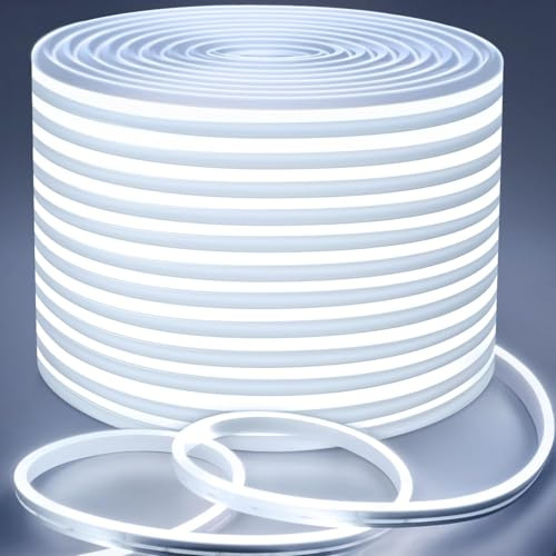 Lamomo Outdoor LED Strip Light 20m,6000K Dimmable LED Neon Rope Light Strips,24V Waterproof Silicone Flexible White Strip Lights for Kitchen Bedroom Garden Outdoor Indoor DIY Decoration