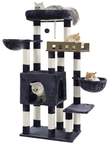 Gitelsnour Rascador para Gatos Grandes Interiores, Árbol para Gatos de más de 20 lbs+, con Gran Plataforma Superior de Madera, 14 Postes, Cuevas, Pompones, Cestas, Gris Ahumado GCT023G