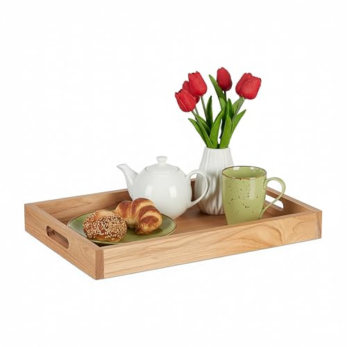 Relaxdays Serviertablett, Holz & MDF, HxBxT: 5 x 55 x 35 cm, Essenstablett mit Griffen, hoher Rand, rechteckig, Natur