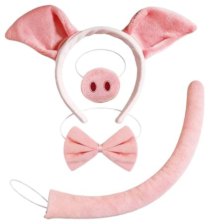 AYZDJ Schwein Kostüm Set - Rosa Schweineohren Stirnband Gefälschte Schweinenase & Schweineschwanz Kit für Erwachsene & Kinder Lustiges Tier Verkleidung Zubehör