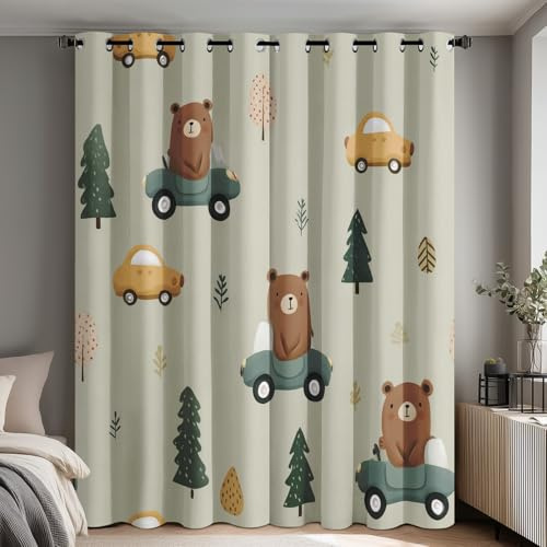 Generisch Cartoon Bär Vorhang Blickdicht, Auto Kiefer Kinder Vorhänge Wohnzimmer Schlafzimmer, Thermovorhang 2er Set, Gardinen mit Ösen H200 x B140 cm, Fensterdekoration