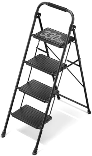 KINGRACK 4 Step Ladder Folding Step Stool with Handrail for Kitchen Black