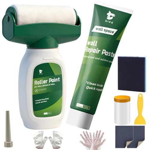 Jonuin Kit de Rodillo Pintura Pared, 500g Pintura Rodillo + 250g Masilla, con Lámina Protectora 55cm×10m, Esponjas Lijas Espátula Guantes, Para Tapar Grietas Manchas Arañazos en Paredes Interiores