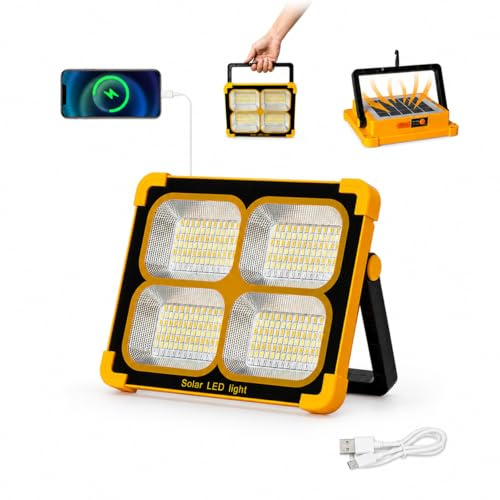 Faro Led Ricaricabile 120W, 10000LM Faretto a Batteria con Pannello Solare, Ricarica USB Lampada da Luce Lavoro LED, 4 Modalità di Illuminazione, Ideali per Campeggio, Garage, Emergenza [Classe di eff