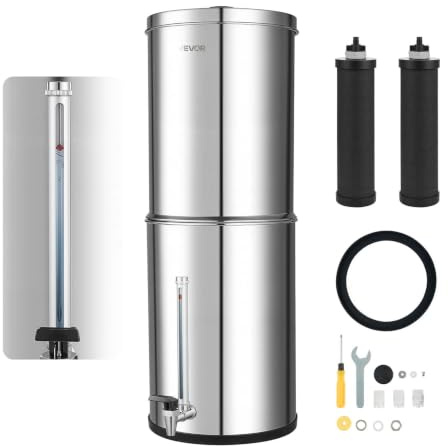 VEVOR Système de Filtration d'Eau par Gravité 12,3 L Filtre à Gravité Inox, Pour Camping, Fontaine Filtrante Réduction du Plomb et Jusqu'à 99% du Chlore, 2 Cartouches au Charbon Actif, Niveau d'Eau