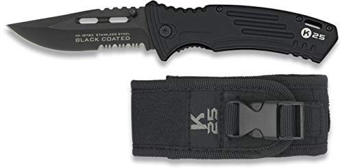 K25 K25-19763 - Couteau Black Coated, Manche Alu Noir Caoutchoucé, Lame 9 cm, Étui Nylon. Outil Chasse, Pêche, Camping, Extérieur, Survie, Bushcraft