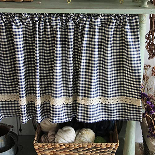 A.Monamour Tenda da cucina in cotone blu bianco a quadri in pizzo rurale a quadretti mezza corta tenda da cucina mantovana per piccole finestre bar bistrot