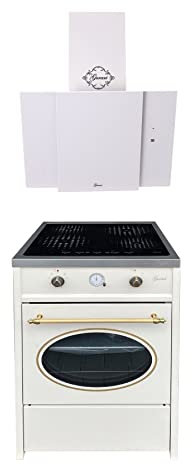 GURARI Herdset GCH E 612 Cr r + GCH S 171 WH 60, Retro Induktions Standherd 60 cm, Range Coocker, 60 L, Creme + Dunstabzugshaube, Wandhaube, Kopffrei Haube, Weißglas, Abluft/Umluft Haube