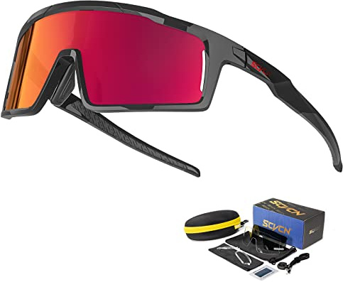 SCVCN Polarisierte Radfahrerbrille Sonnenbrille mit 3 Austauschbaren Gläsern für Männer Frauen Laufen Volleyball Tennis Autofahren Angeln Softball Bergsteigen Golf Wandern HD 06 rot schwarz