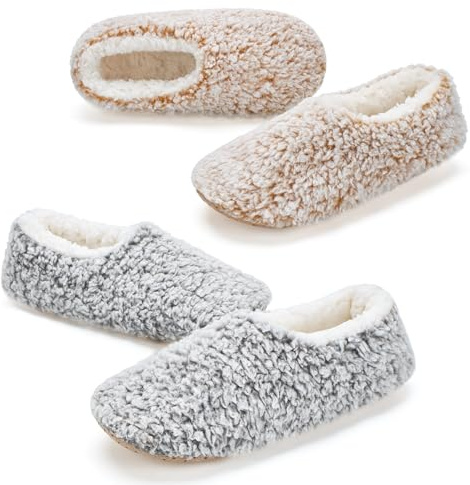 cosyone1997 2-Pair Slippers for Women Indoor Soft Sole with Warm Plush Lining and Non-Slip Grips, House Slipper Socks, Size 7-8