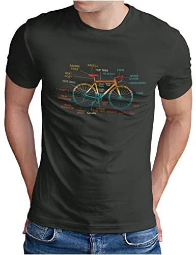 OM3® Fahrrad T-Shirt mit Teile Bezeichnungen - Herren - Bicycle Rennrad Bike Parts Radsport - S - 5XL