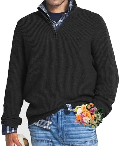 MAOAEAD Suéter casual de cachemira con cremallera para hombre, suéter de manga larga con cuello polo de 1/4 para hombre, Negro, XXXXL