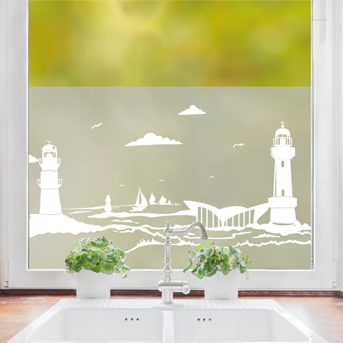 Sichtschutzfolie mit dem Leuchtturm von Warnemünde und Segelbooten auf der Ostsee, Fensterfolie Fensterdeko Milchglasfolie, 55 cm hoch, 90 cm breit