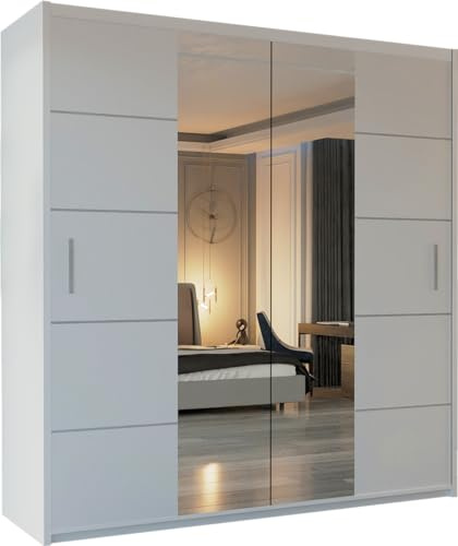 MN Furniture Sliding Wardrobe with Full Mirror Doors, Shelves & Hanging Rails, Space Saving Bedroom Storage, White Black Grey Oak (White, 203cm)