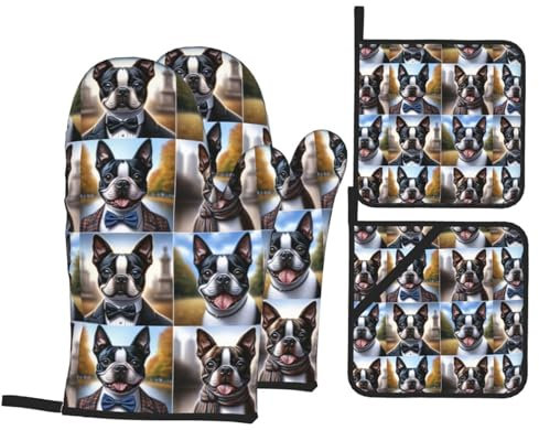 4 Pezzi Presine E Guanti Da Barbecue Funny Bow Tie Terrier Guanti Da Forno Antiscivolo Guanti Da Cucina Divertenti Guanti Da Barbecue Per Grill, Campeggio, Bbq