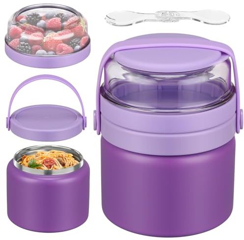 2-in-1 Insulated Thermo for Hot Food with Tritan Snack Box Container 13.5oz Food Jar for Kids Lunch Container Soup Thermal with Spoon Stainless Steel Wide Mouth Vacuum for School Office Travel