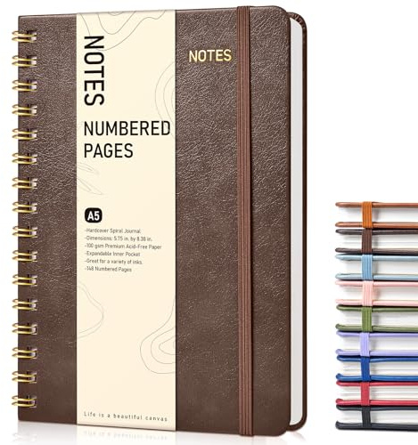Linjerad spiralanteckningsbok för män och kvinnor, A5-format, 150 numrerade sidor, 100 g/m², anteckningsbok, 14,6 x 21,3 cm, mörkbrun
