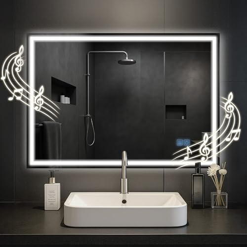 CLP Espejo de baño Jaffrey, Altavoz Bluetooth, antivaho, Espejo de Pared con iluminación LED, Regulable, 3 Modos de luz, Tamaño:70x100 cm