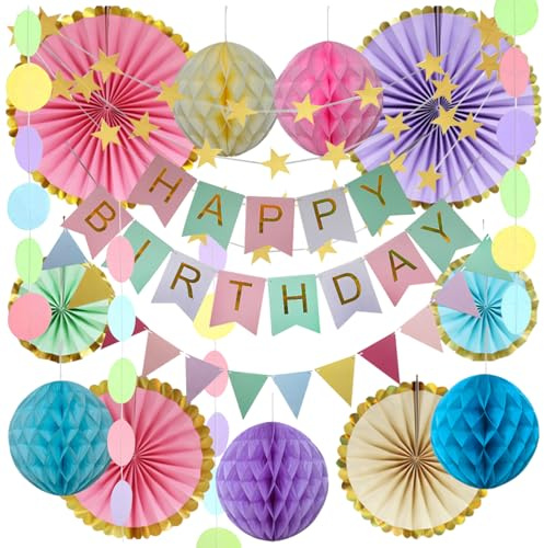 Décorations pour fêtes d'anniversaire, comprenant des banderoles d'anniversaire, des éventails en papier coloré, des boules alvéolées et des banderoles triangulaires, adaptées aux hommes et aux femmes