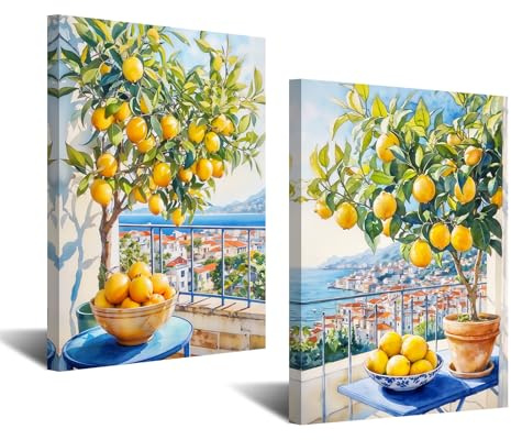 CXHOSTENT Küchen-Wanddekoration mit Zitronenbaum, 2 Paneele, Wandkunst, gelbe Zitrusfrüchte, botanische Malerei, Bauernhaus-Kunstwerk für Esszimmer (Blau,28.00 x 35.00 cms x 2PCS)