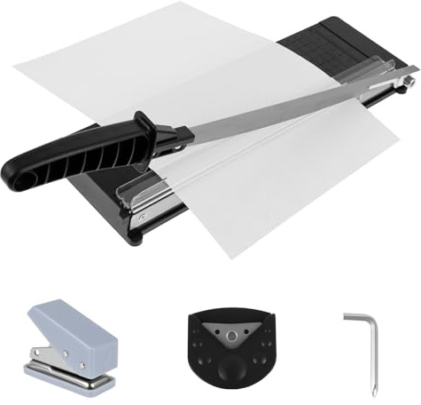 Papierschneider A4 A5 B5 B6 B7, Hebelschneider mit Eckenrunder und Locher Papierschneidemaschine für 10 A4-B7(80g /㎡)Blatt Schneidleistung Manuell Fotoschneider für Papier Etiketten Fotos (schwarz)
