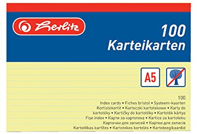Herlitz 1150507 Karteikarte A5, 100 Stück (Gelb | liniert, Menge: 2 Packungen)