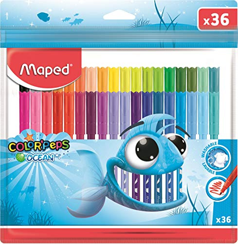 Maped Ocean Color Peps Filzstifte, 36 Filzstifte, waschbare Tinte, mittlere Spitze, weich und geschmeidig, Kunststoffbeutel mit 36 Farben